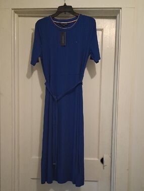 Tommy Hilfiger Royal Blue Ribbed Short-Sleeve Maxi Dress with Waist Tie